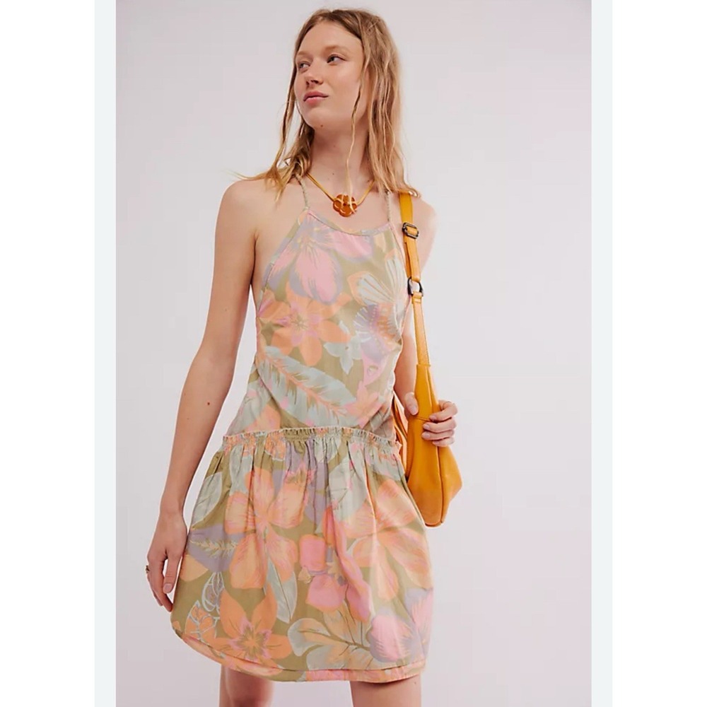 Free People Deserted Island Mini Dress Size Small Open Back Rope Strap Floral - Picture 3 of 12